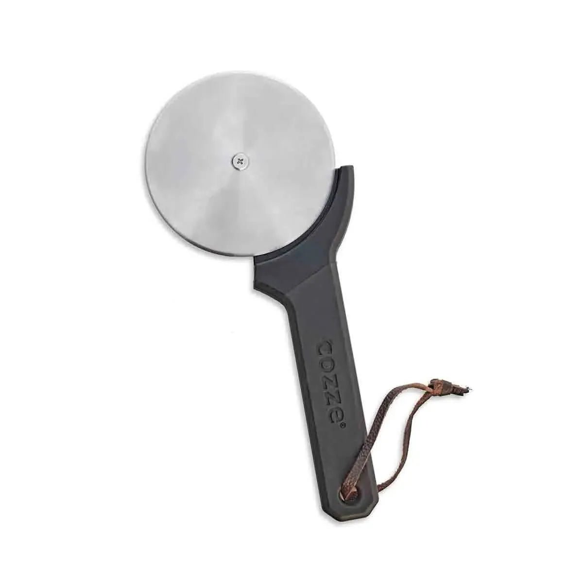 Black-handled pizza cutter with shiny stainless steel blade and brown leather strap from cozze pizza starter kit