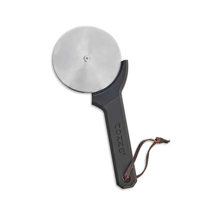 Black-handled pizza cutter with shiny stainless steel blade and brown leather strap from cozze pizza starter kit