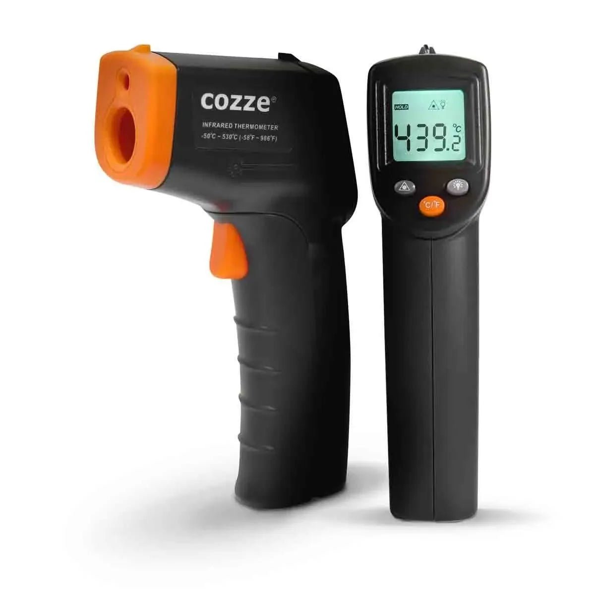 Black and orange cozze pizza starter kit infrared thermometer with digital display showing 439.2°c temperature