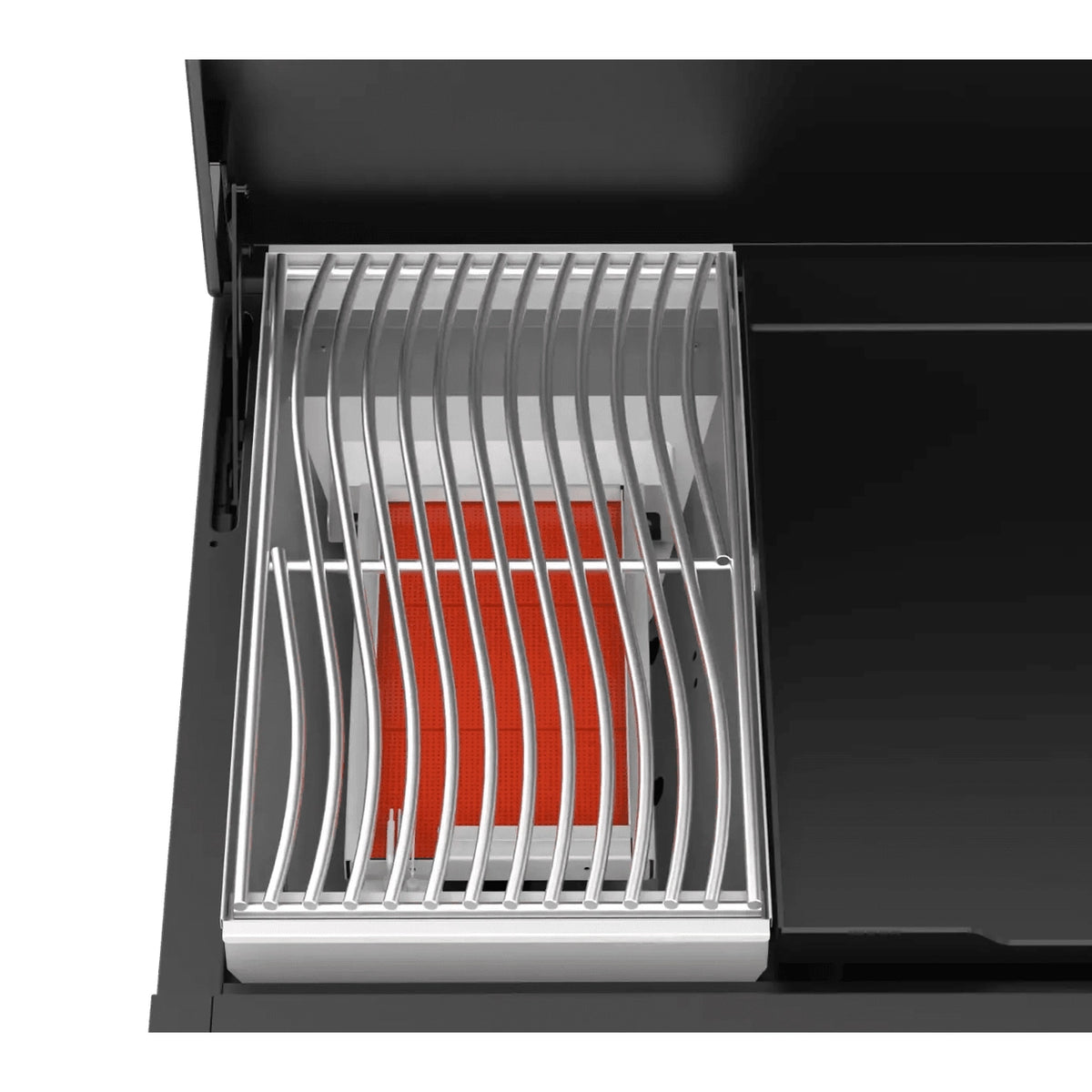 Silver wire rack with curved bars holding a vibrant orange rectangular object in Cozze Smash and Sear Grill 900 trolley package