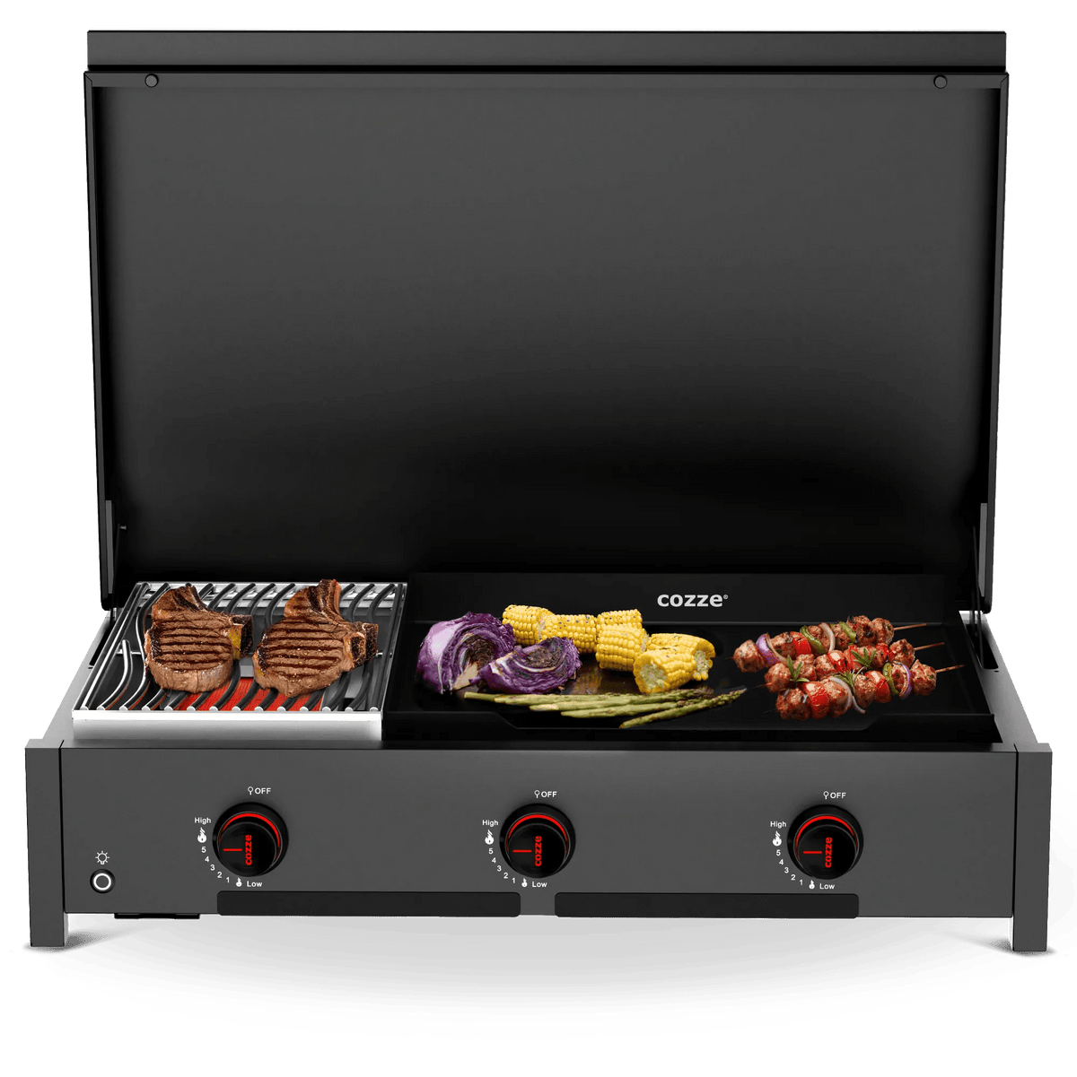 Black cozze multi-zone gas grill with grilling surface flat-top and three control knobs for precise temperature adjustment