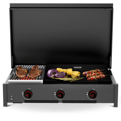 Black cozze multi-zone gas grill with grilling surface flat-top and three control knobs for precise temperature adjustment