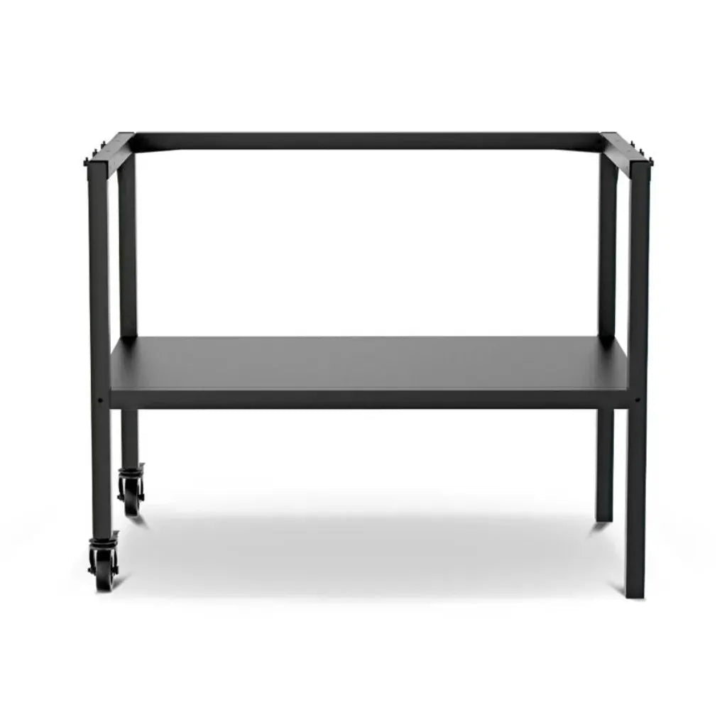 Black metal cart with single shelf and four caster wheels included in cozze smash and sear grill 900 trolley package