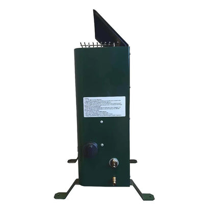 Dark green metal eden 2kw greenhouse outdoor gas heater with black triangular top and adjustable legs lfs921