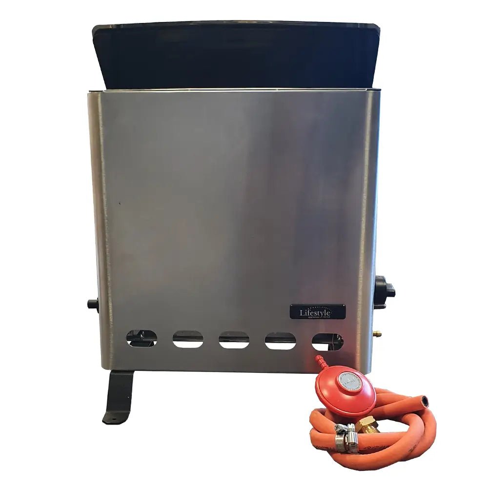 Stainless steel portable gas grill with black top and orange propane hose for Eden Pro 4.2kW greenhouse heater lfs922