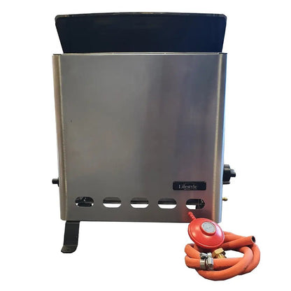 Stainless steel portable gas grill with black top and orange propane hose for Eden Pro 4.2kW greenhouse heater lfs922