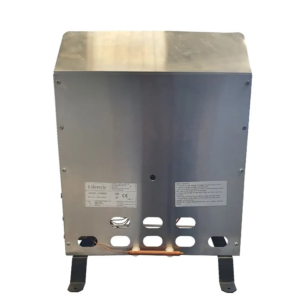 Back side view of eden pro 4.2kw greenhouse heater silver stainless steel body with ventilation slots and black feet