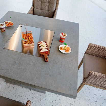 Gray concrete elementi birmingham dining fire table with built-in stainless steel hot pot insert and wooden board