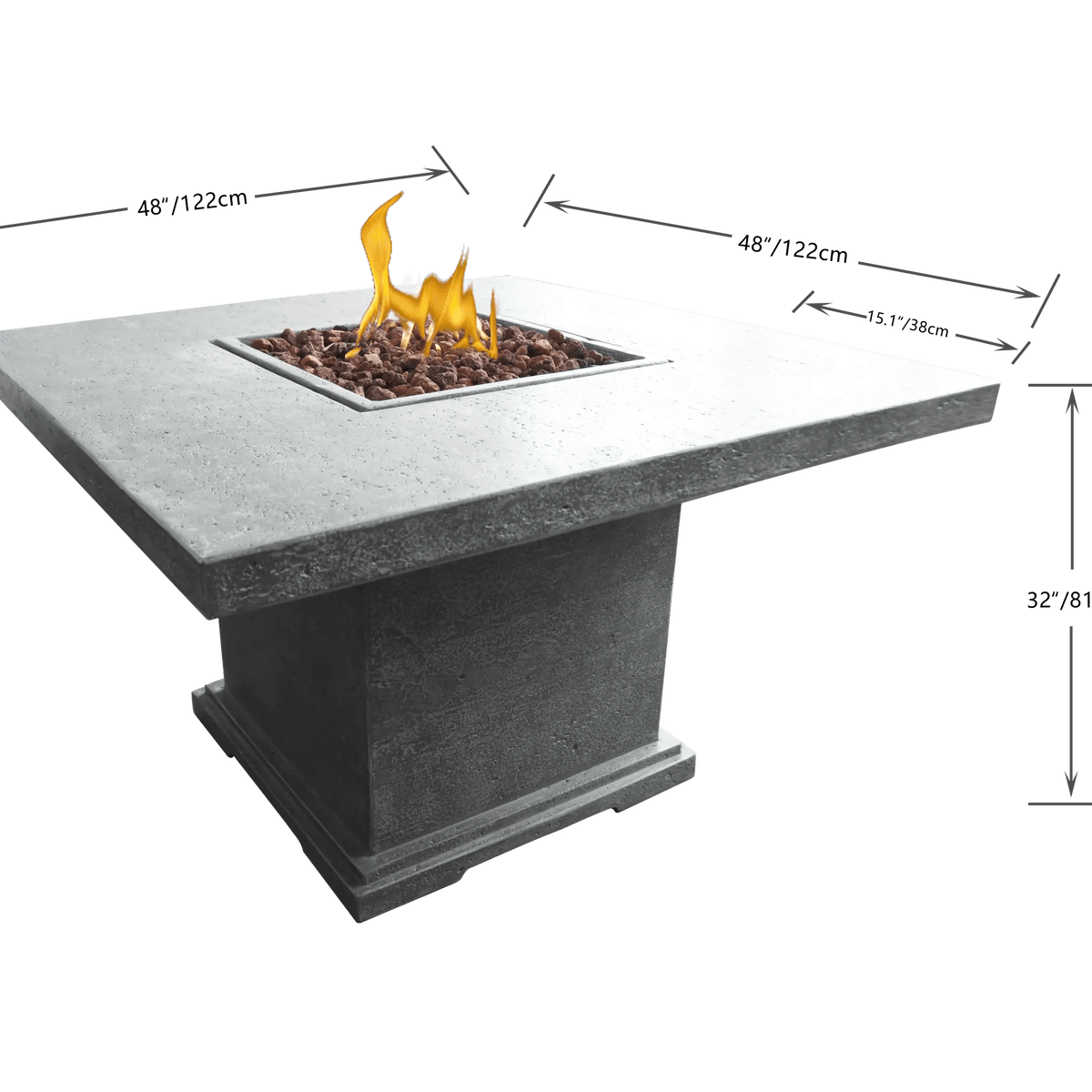 Elementi Birmingham dining fire table with modern gray concrete, square inset burner, glowing flames, and decorative stones