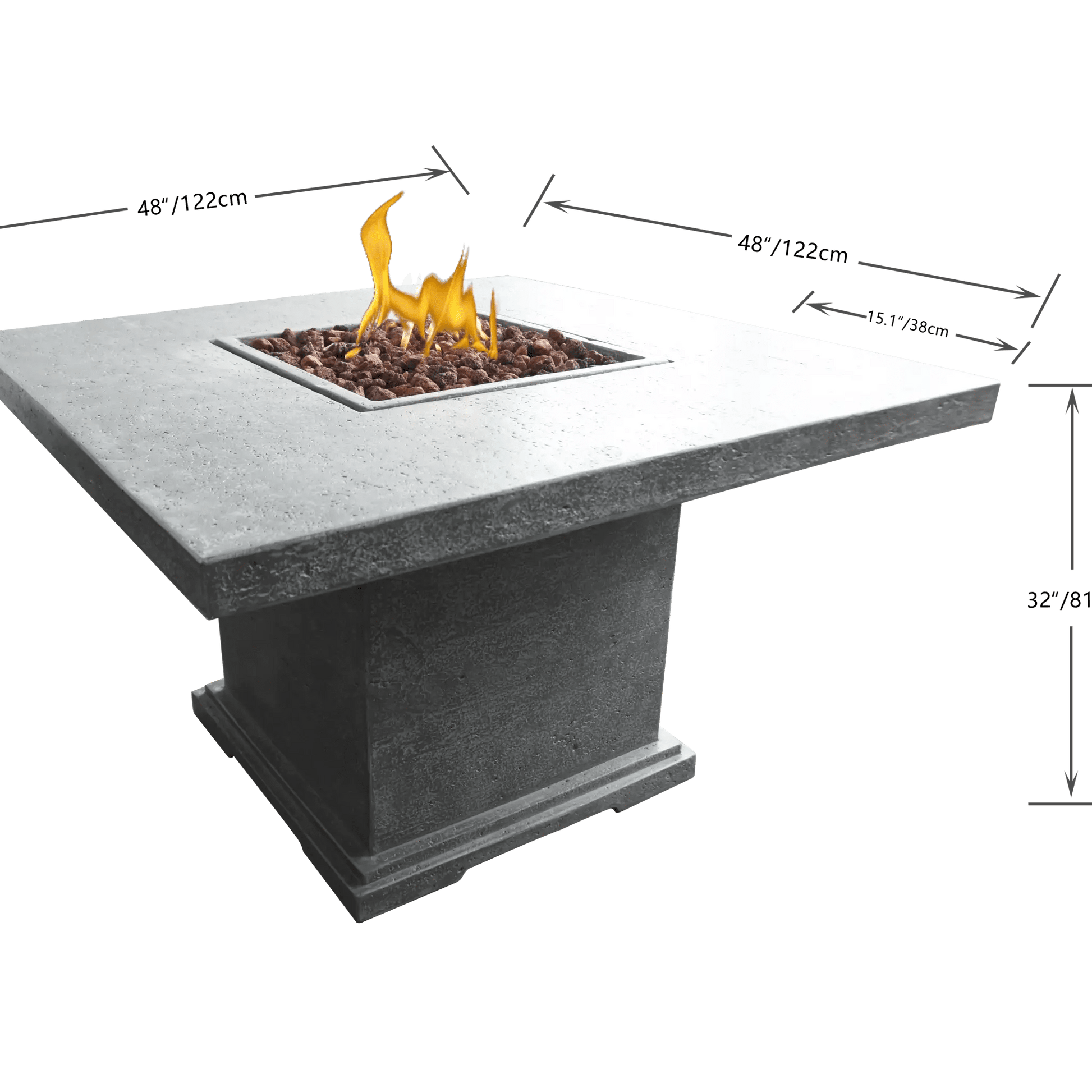 Elementi Birmingham dining fire table with modern gray concrete, square inset burner, glowing flames, and decorative stones