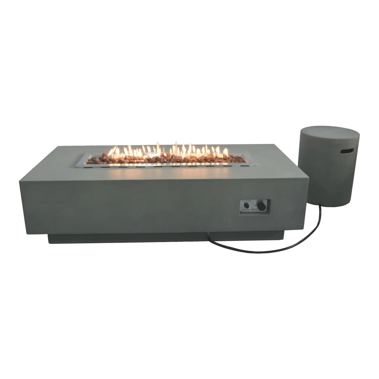 Elementi Granville fire table in modern gray concrete with rectangular glass-enclosed flame bed and glowing embers