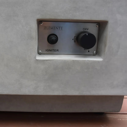 Silver metallic control panel with black igniter knob and temperature dial for elementi granville fire table 13.2 kw