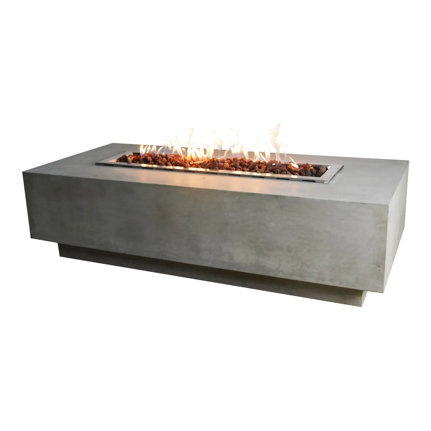 Elementi Granville fire table with 13.2 kW rectangular stainless steel fire pit insert and glowing lava rocks on gray concrete