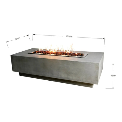 Elementi Granville fire table is a modern concrete rectangular fire pit with glowing flames in a metal frame