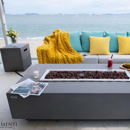 Elementi Granville fire table gray rectangular with dark brown lava rocks and silver metal frame 13.2 kW output