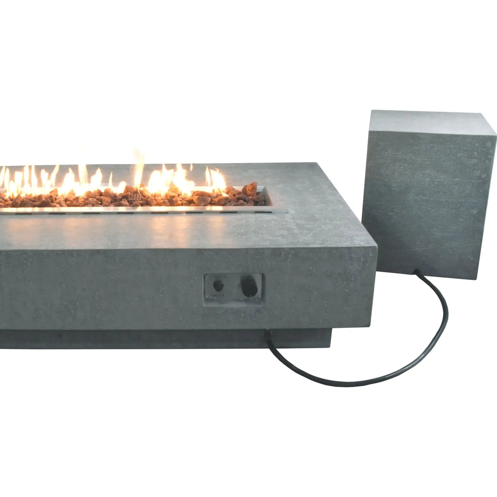 Elementi Hampton fire table 13.2 kW modern gray concrete fire pit with rectangular flame recess and cube side unit