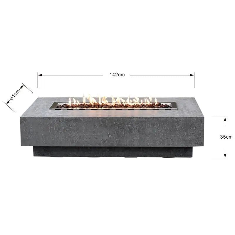 Modern gray concrete fire table with a rectangular flame feature elementi hampton fire table 13.2 kw ofg139lg