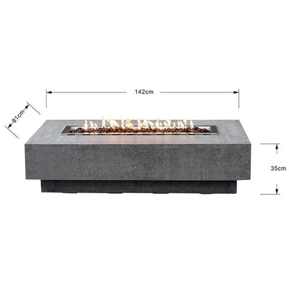 Modern gray concrete fire table with a rectangular flame feature elementi hampton fire table 13.2 kw ofg139lg