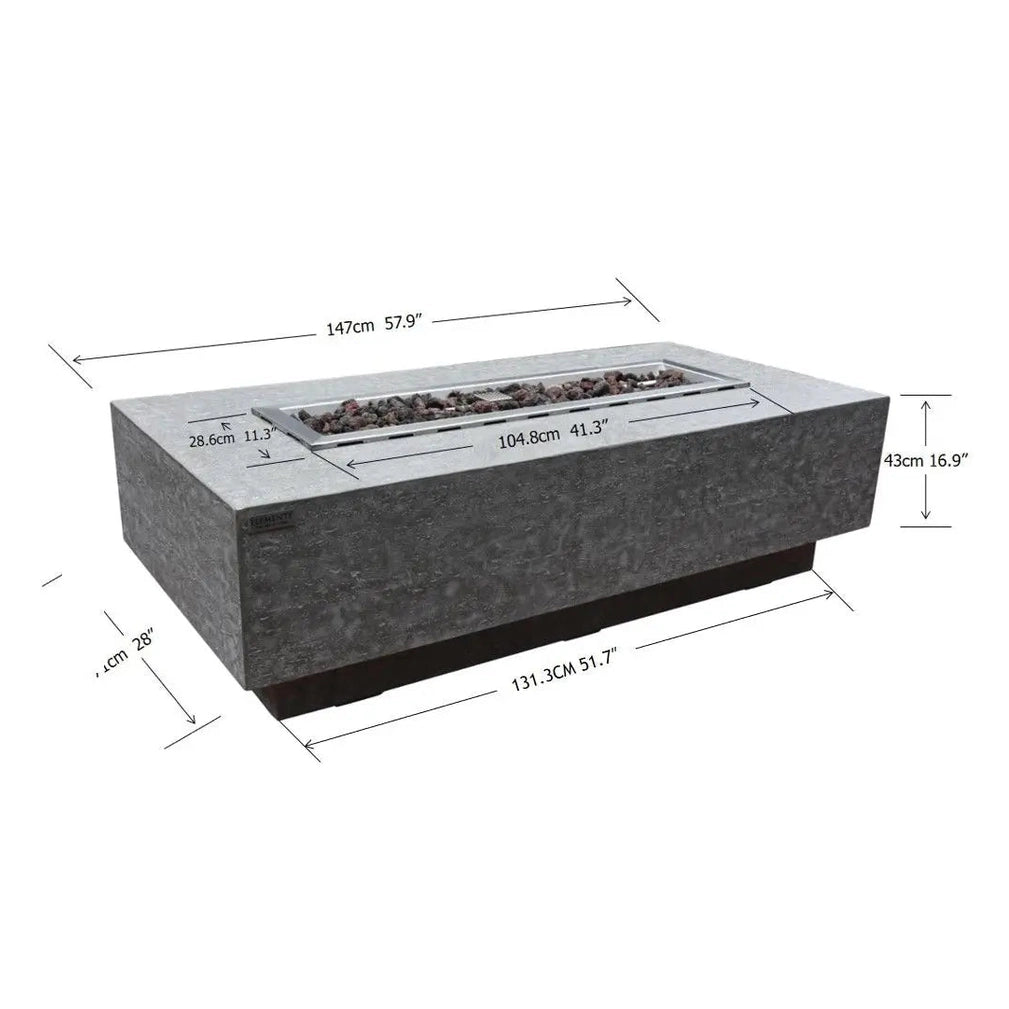 Modern gray concrete fire pit table elementi kingsale with rectangular recessed firebox filled with dark stones
