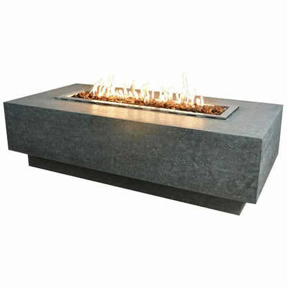 Modern rectangular Elementi Kingsale fire table with dark gray concrete finish and glowing flames in metallic frame