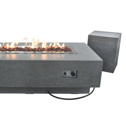 Elementi Kingsale modern gray concrete fire table with rectangular flame recess and matching cube side table