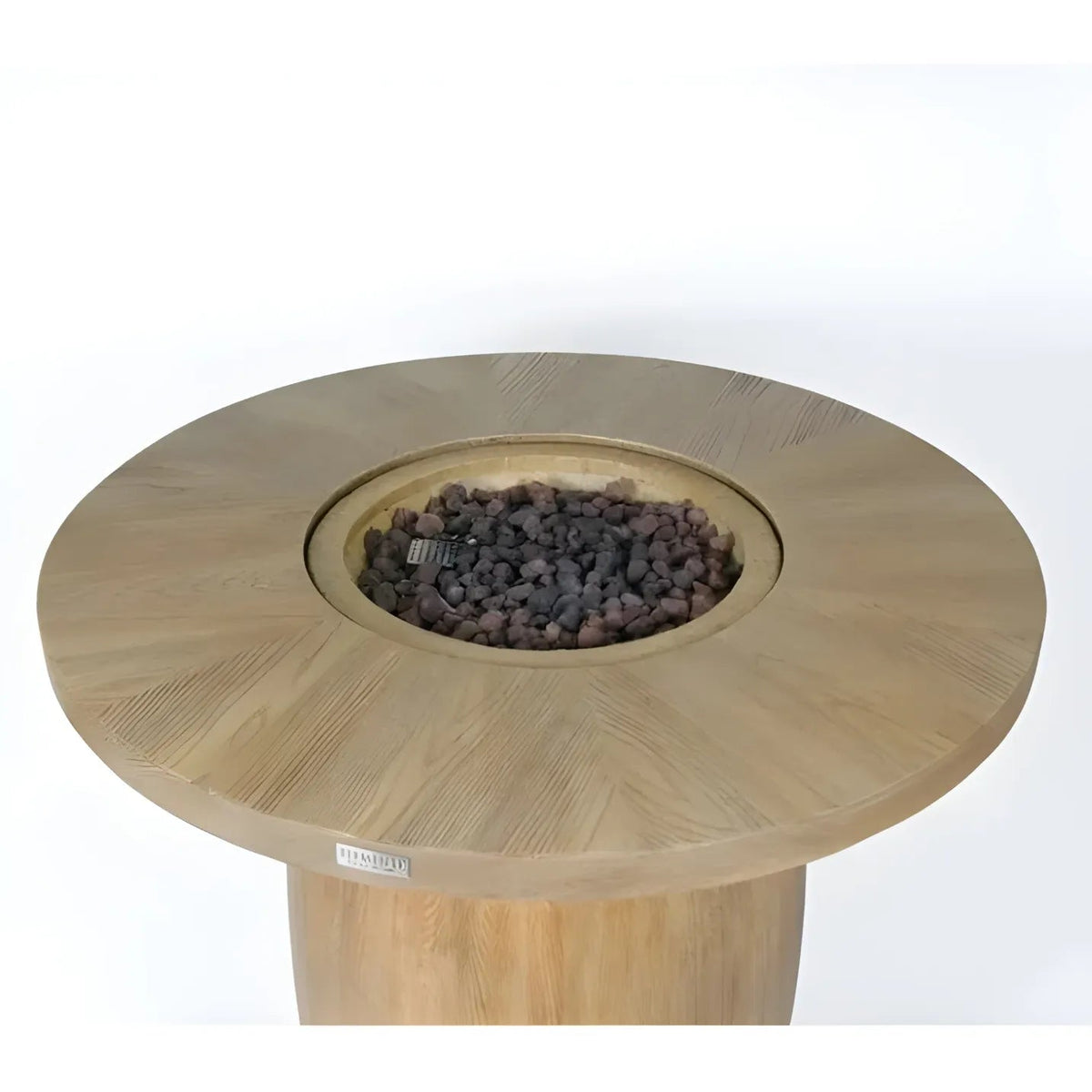 Light wood-finish round Elementi Lafite Barrel Bar fire table with a central burner filled with dark lava rocks