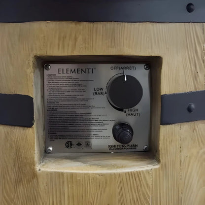 Silver control panel with black rotary dials labeled off low and high on wooden surface of elementi lafite barrel bar fire table