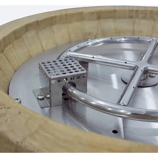 Stainless steel burner assembly with perforated cube and curved tubing inside the elementi lafite barrel bar fire table