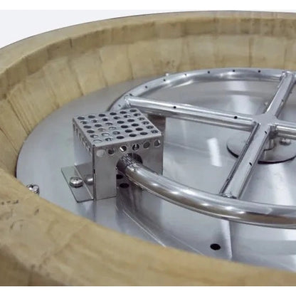 Stainless steel burner assembly with perforated cube and curved tubing inside the elementi lafite barrel bar fire table