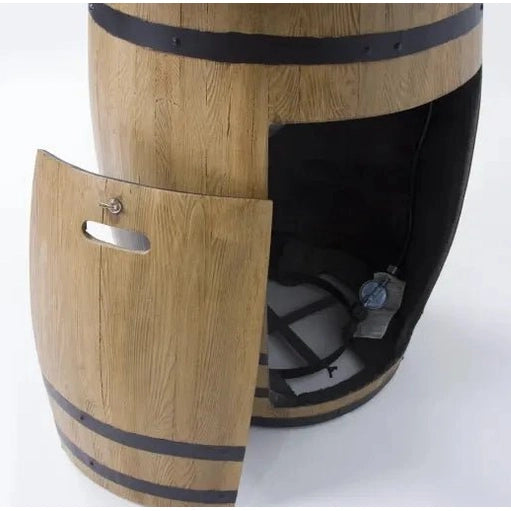 Elementi lafite barrel bar fire table wooden side table with black metal bands and hinged door storage compartment