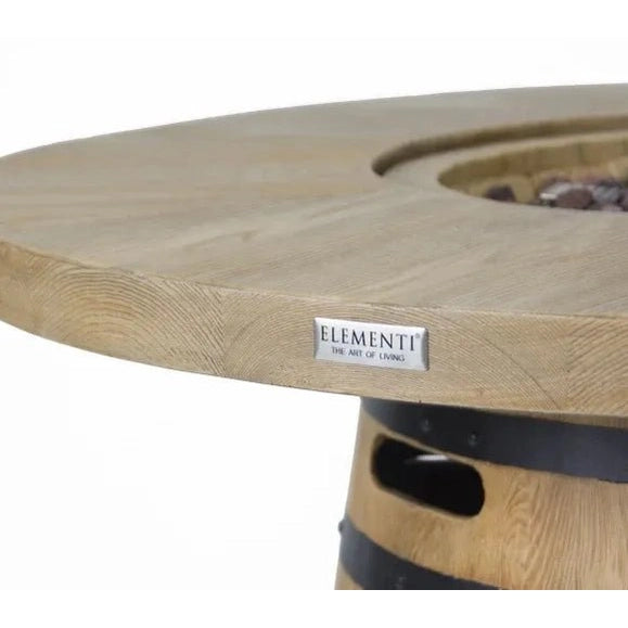 Light-colored wooden Elementi Lafite barrel bar fire table with black metal bands and 13.2 kW output OFG225 model