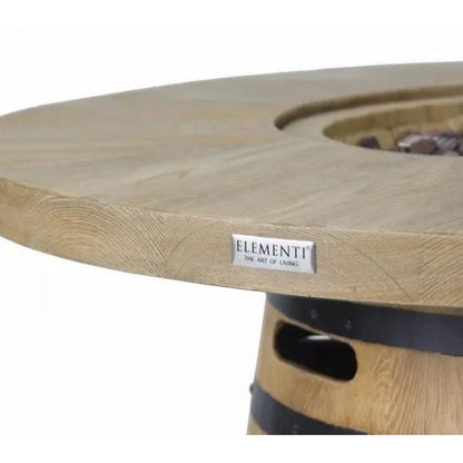 Light-colored wooden Elementi Lafite barrel bar fire table with black metal bands and 13.2 kW output OFG225 model