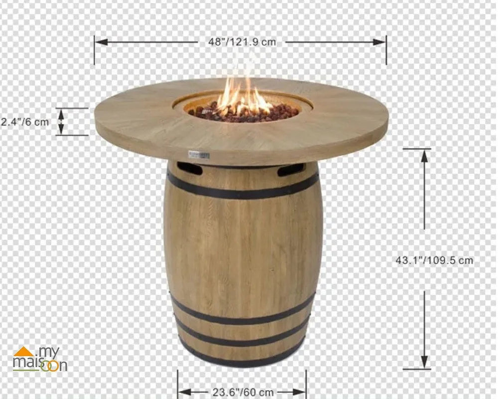 Elementi Lafite barrel bar fire table wooden fire pit with round top flame and dark metal bands 13.2 kW