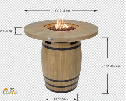 Elementi Lafite barrel bar fire table wooden fire pit with round top flame and dark metal bands 13.2 kW
