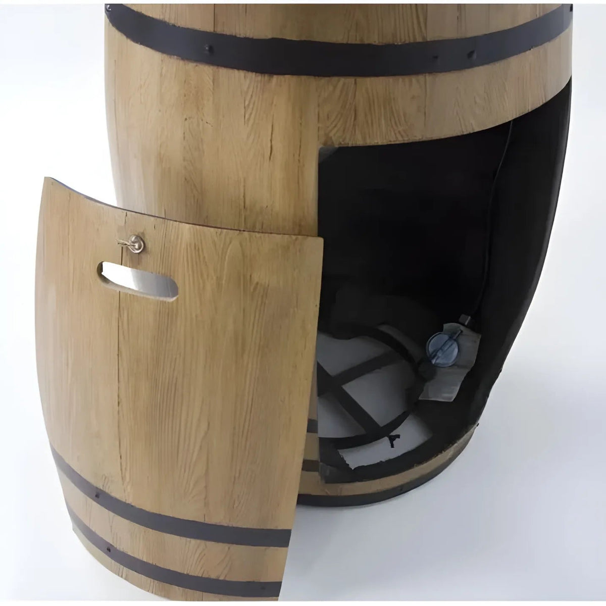 Elementi Lafite barrel bar fire table in light oak with black metal bands and open door showing interior storage