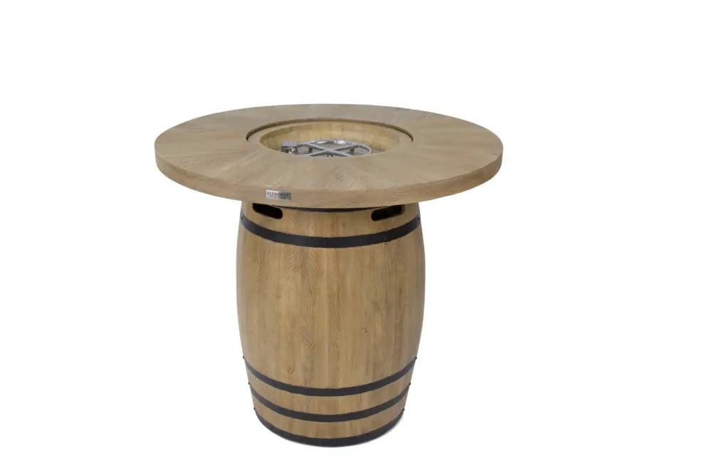 Elementi Lafite barrel bar fire table with round light oak wooden barrel top black metal bands and central burner