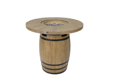 Elementi Lafite barrel bar fire table with round light oak wooden barrel top black metal bands and central burner