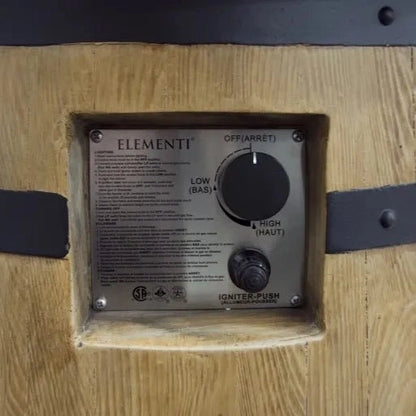 Silver control panel with black rotary knobs for low and high settings on the Elementi Lafite Barrel Bar Fire Table