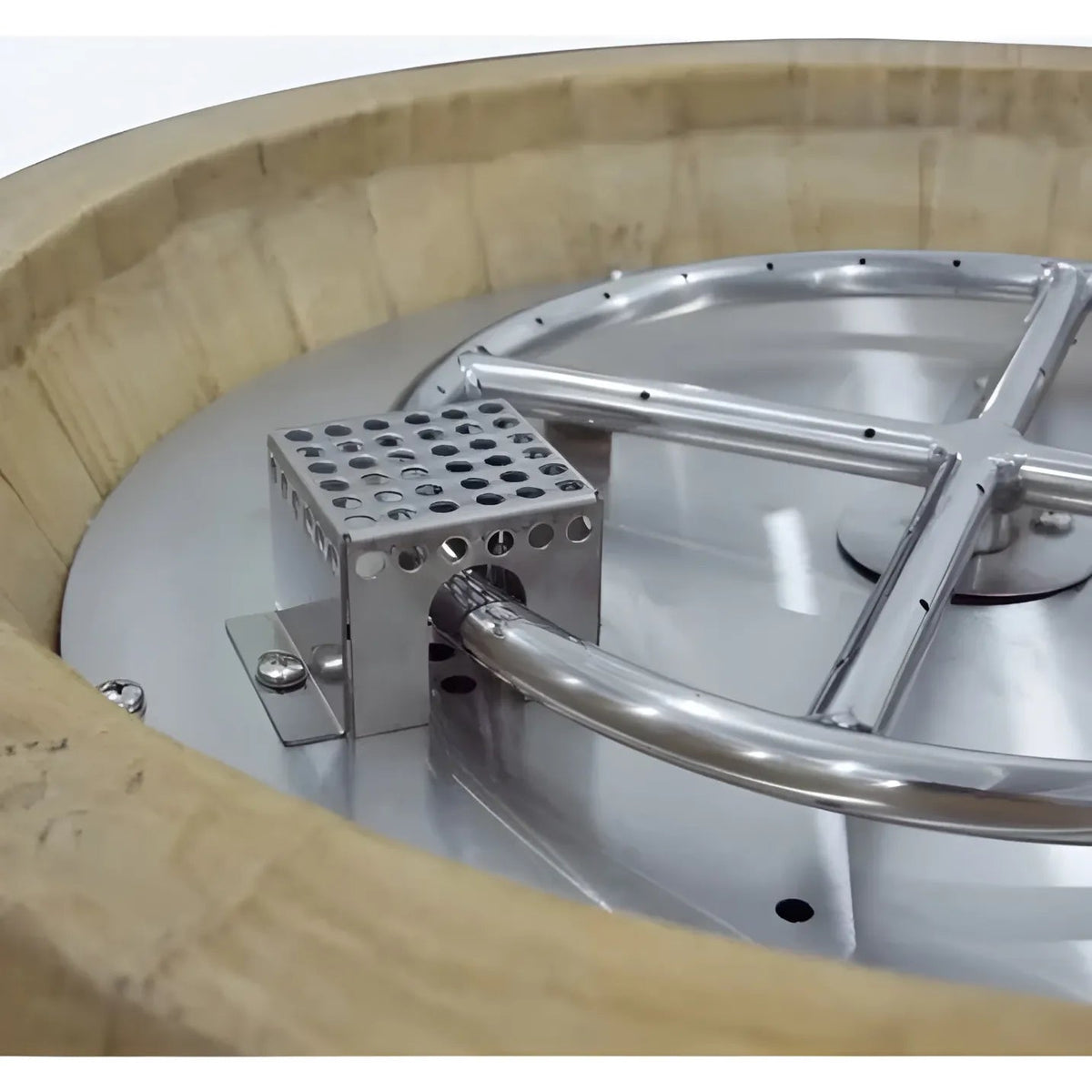 Stainless steel burner assembly with perforated square housing and curved pipe inside wooden barrel of elementi lafite barrel bar fire table