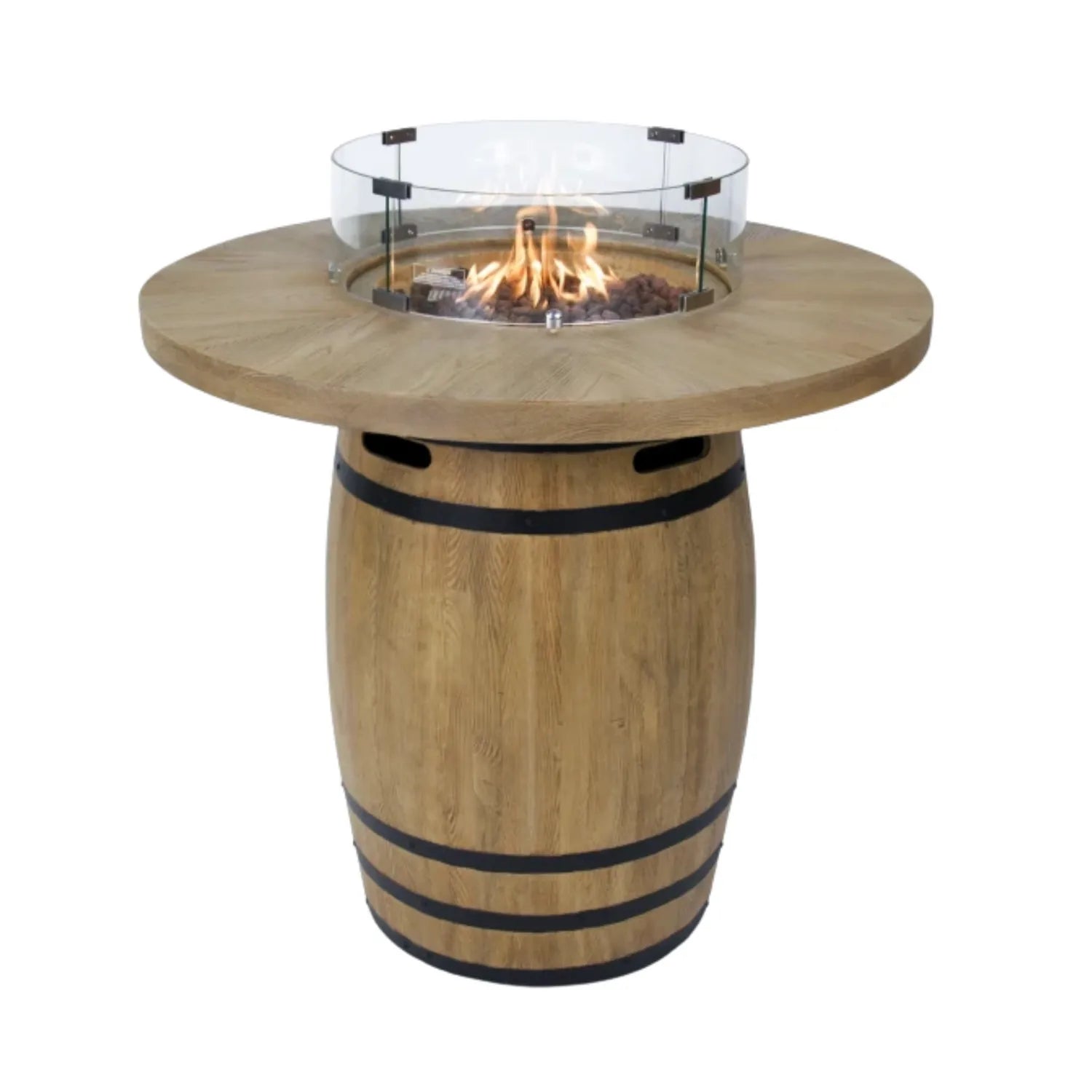 Elementi Lafite wooden barrel bar fire table with glass top and flame in a rich wood finish for outdoor heating