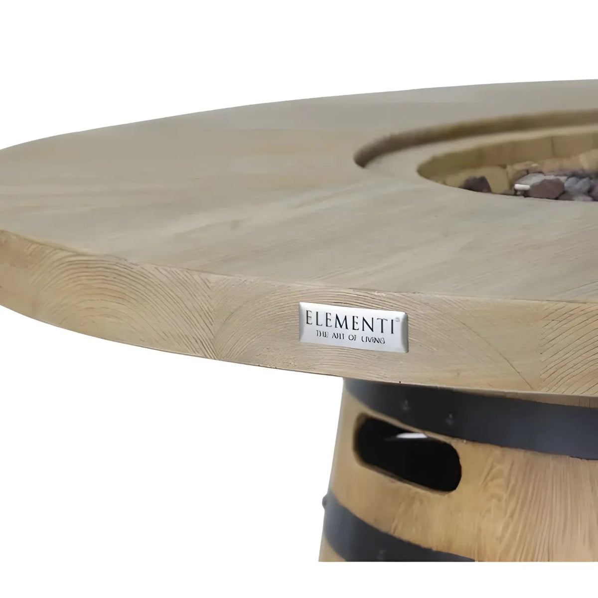 Light-colored wooden elementi lafite barrel bar fire table with circular design and black metal accents 13.2 kw