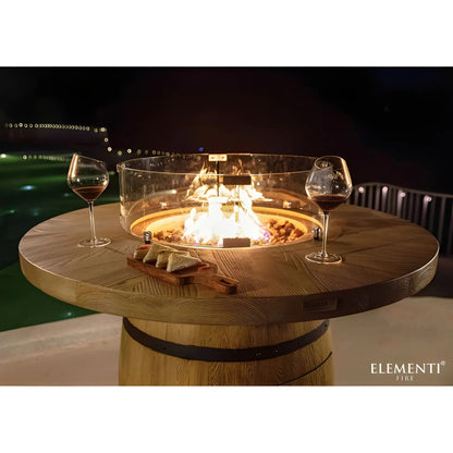 Elementi Lafite barrel bar fire table with round wooden design fire pit and clear glass shield rustic wood grain finish