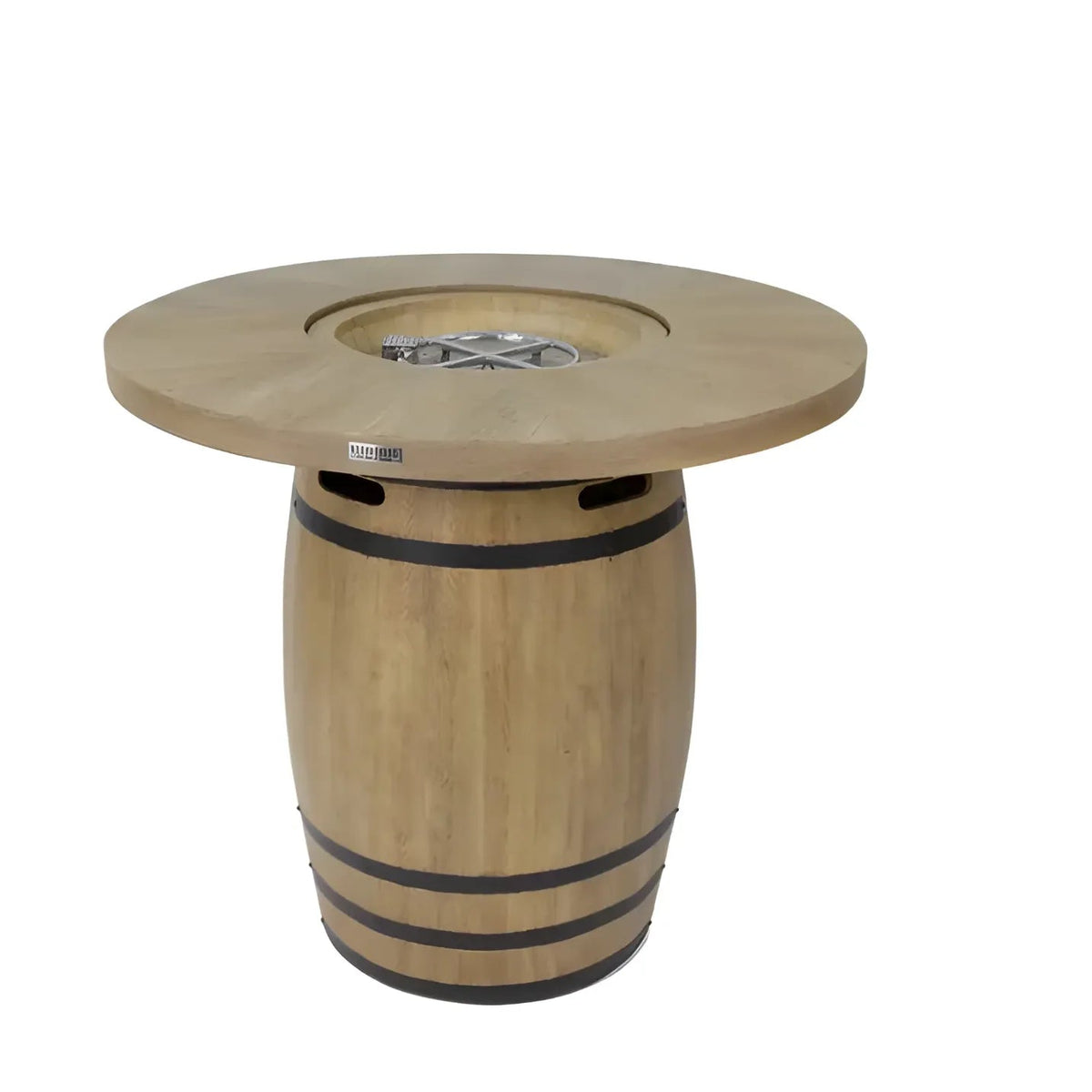 Elementi Lafite barrel bar fire table with light wood finish black metal bands and circular burner for outdoor use