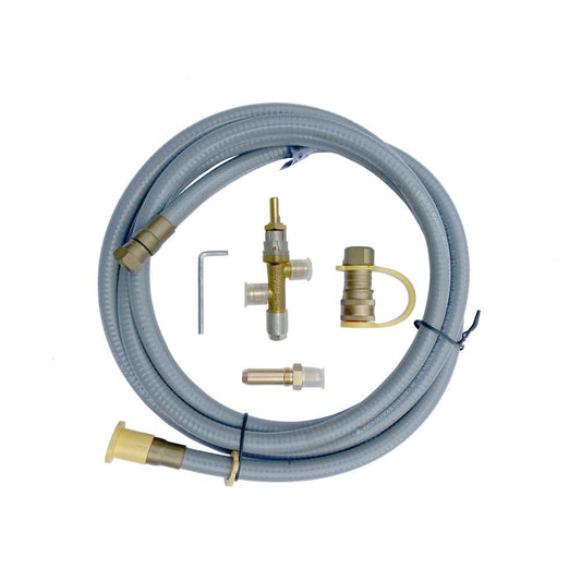 Gray flexible gas hose with brass fittings and small l shaped wrench in elementi lpg to natural gas conversion kit ock45-ng01