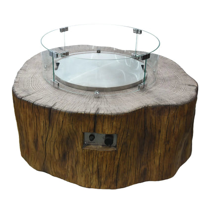 Rustic tree stump Elementi Manchester fire table with clear glass enclosure and metal hardware 13.2 kW OFG145 design