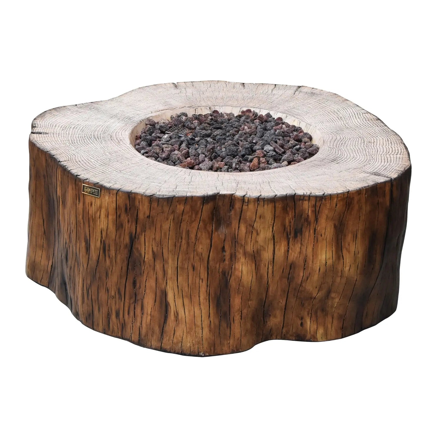 Elementi Manchester fire table 13.2 kW rustic natural wood fire pit resembling a textured tree stump with bark