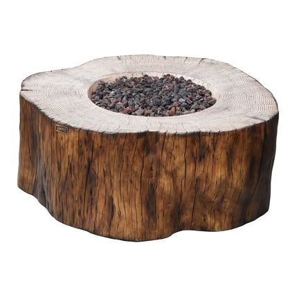 Elementi Manchester fire table 13.2 kW rustic natural wood fire pit resembling a textured tree stump with bark