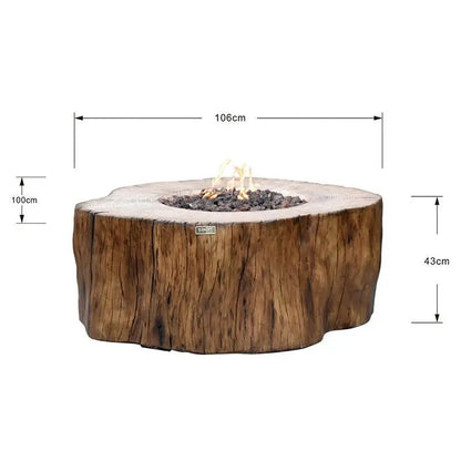 Elementi Manchester fire table with rustic brown wooden tree trunk design and integrated flame burner with dark gravel