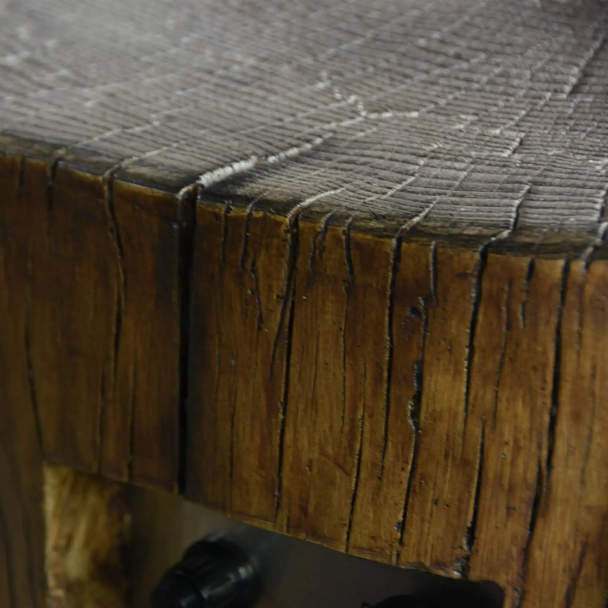 Rustic wooden table top with weathered dark brown finish and grain patterns for elementi manchester fire table 13.2 kw