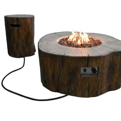 Elementi manchester fire table 13.2 kW rustic wooden circular fire pit with glowing flames and matching wood-stained side table